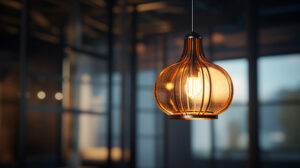 Oranje glazen hanglamp op perfecte lamphoogte boven tafel in sfeervolle moderne ruimte.