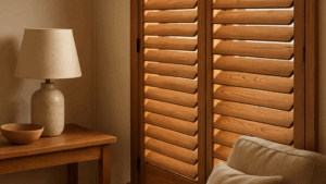 Houten shutters filteren zacht daglicht in een warme, rustgevende woonkamer met natuurlijke inrichting