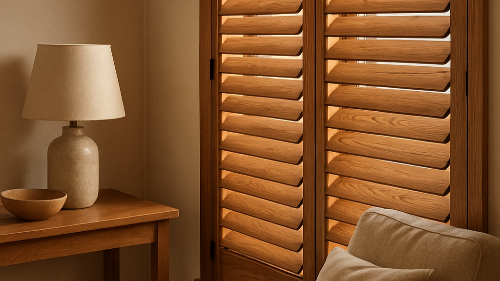 Houten shutters filteren zacht daglicht in een warme, rustgevende woonkamer met natuurlijke inrichting